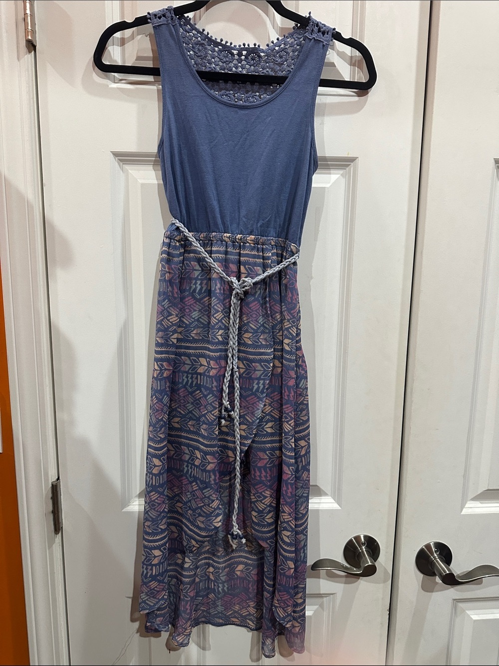 Mudd Blue Crochet-Yoke Maxi Dress with Patterned Skirt size 10